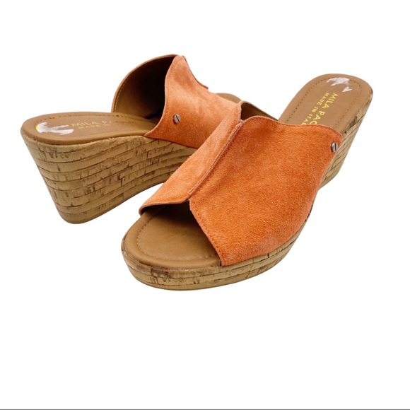 Mila Paoli Shoes - Mila Paoli Leather Orange Slide On Wedges Mules 9M